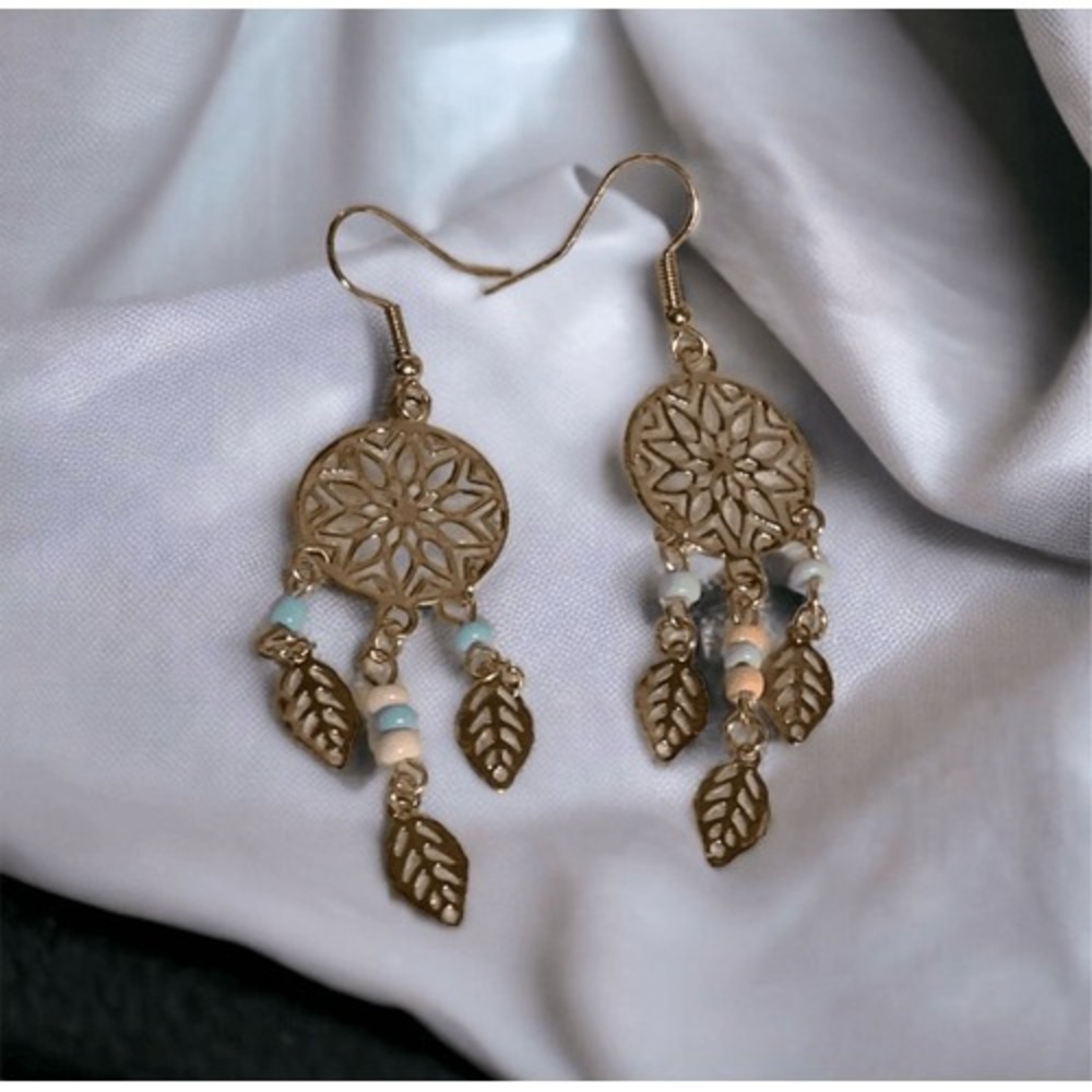 Shein Gold Tone Pink Blue Beaded Dreamcatcher Southwestern Dangle Earrings‎ NEW